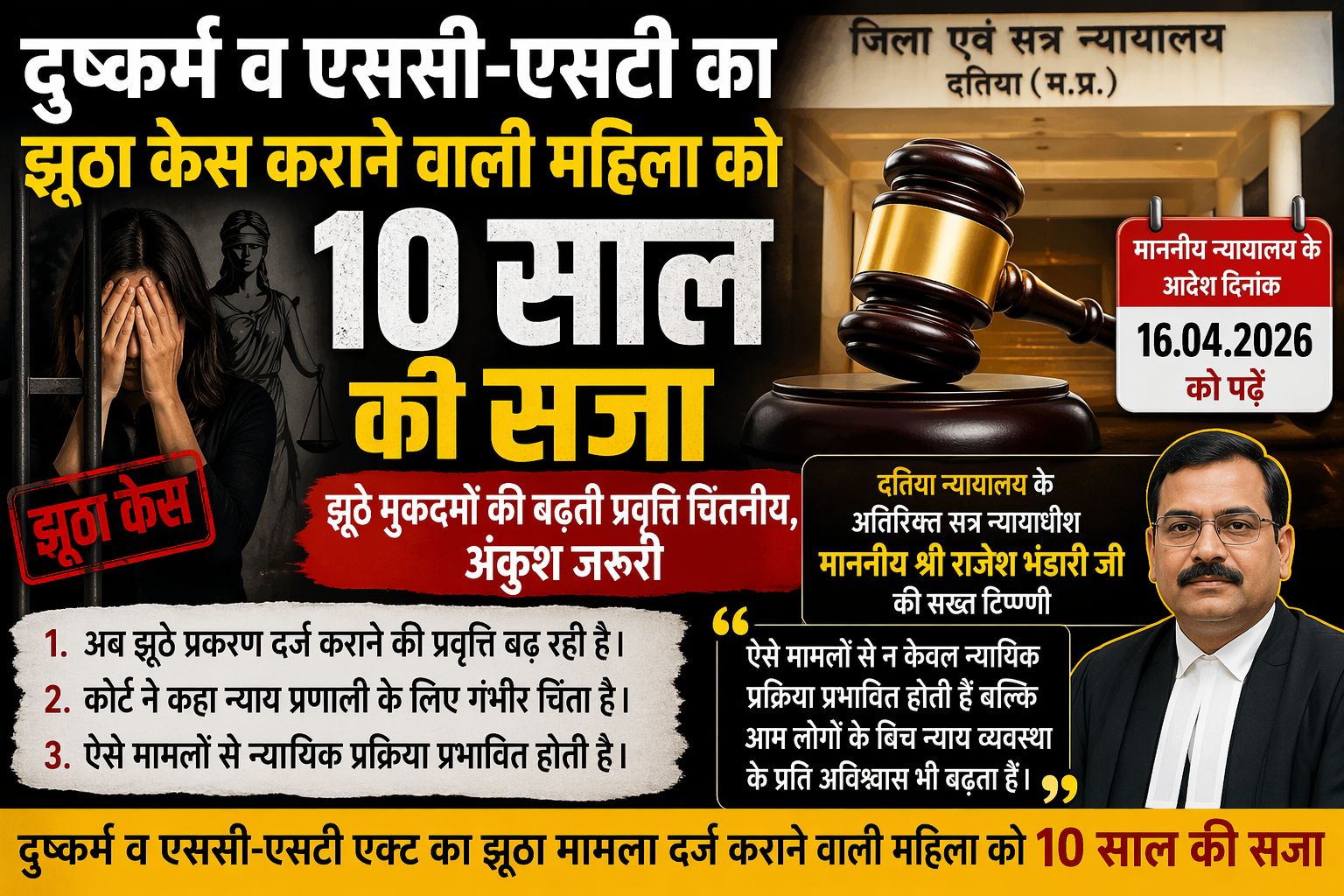 न्यायालय का सख्त फैसला: झूठे दुष्कर्म व एससी-एसटी केस में महिला को 10 साल की सजा