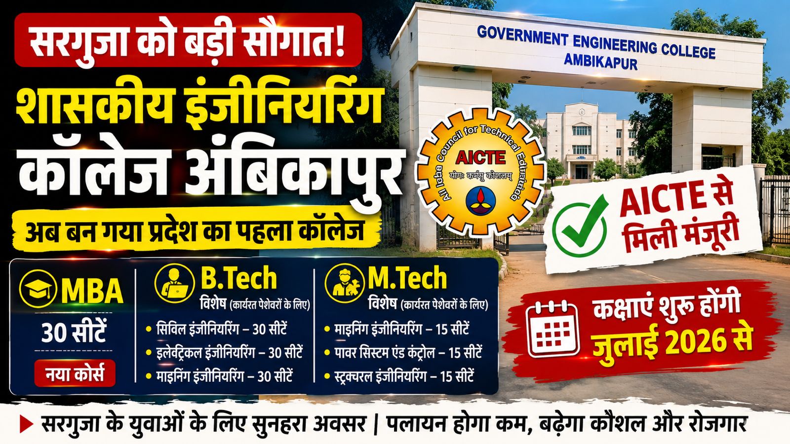 सरगुजा को तकनीकी शिक्षा की बड़ी सौगात: शासकीय इंजीनियरिंग कॉलेज अंबिकापुर में शुरू होंगे MBA, विशेष BTech और MTech कोर्स