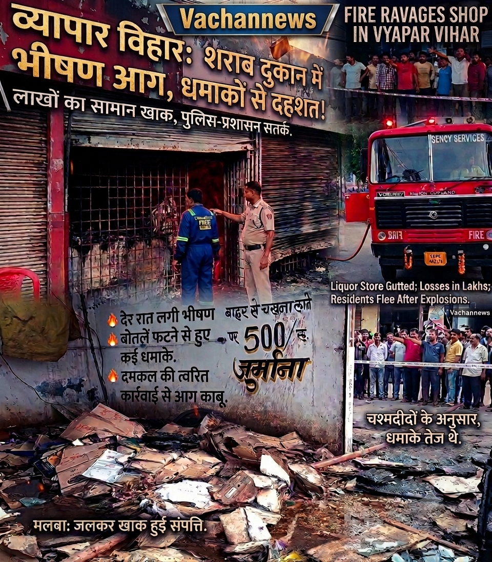 बिलासपुर में देर रात मचा हड़कंप: अंग्रेजी शराब दुकान में भीषण आग, धमाकों से दहला व्यापार विहार, लाखों का नुकसान