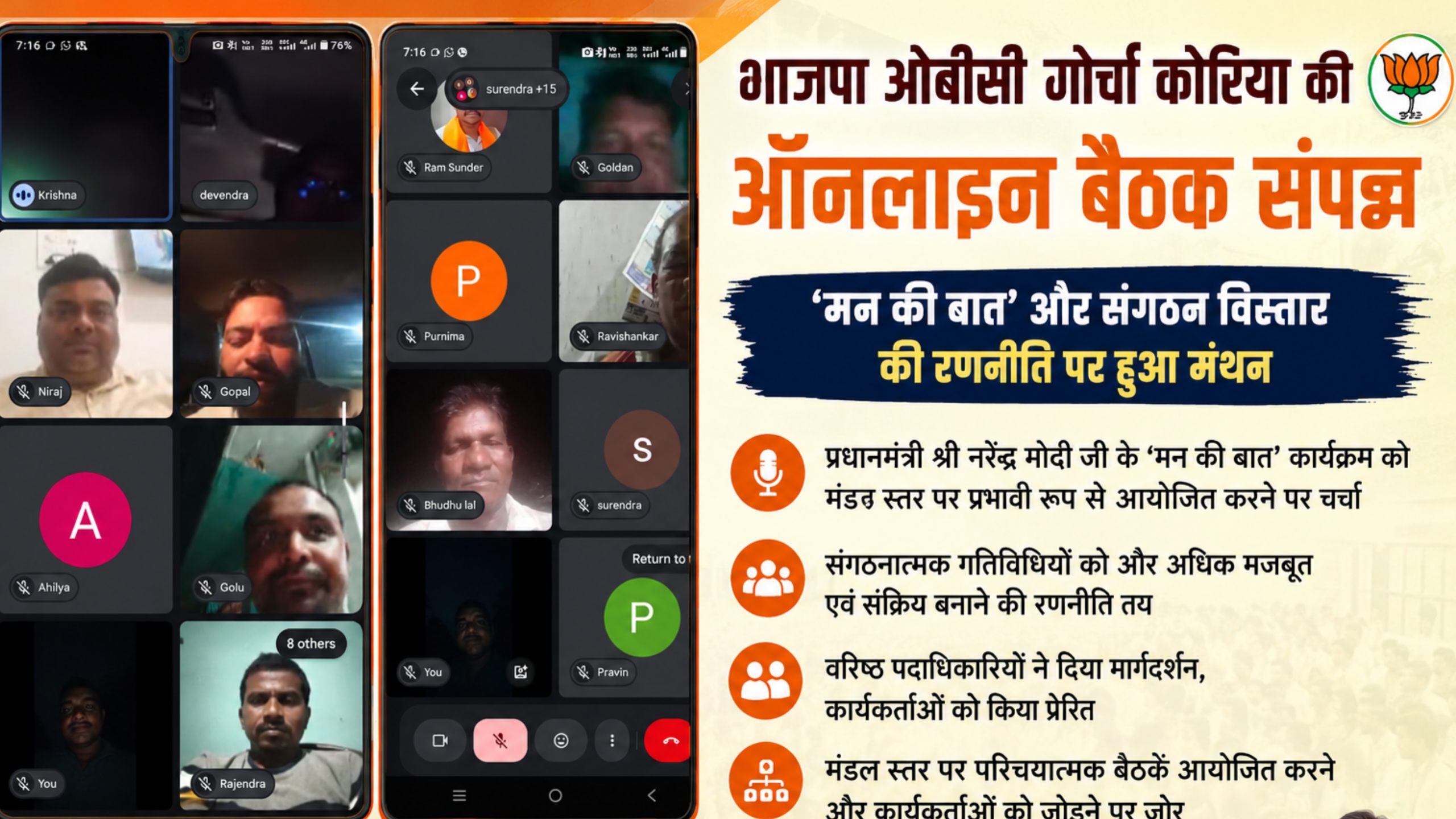 भाजपा ओबीसी मोर्चा कोरिया की ऑनलाइन बैठक संपन्न, ‘मन की बात’ और संगठन विस्तार की रणनीति पर हुआ मंथन